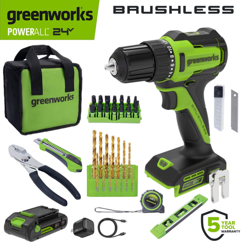 24V PowerAll 3/8" 280 in-lb Drill and 60 Piece Hand Tool/Accessories Project Kit, with 2.0 Ah USB-C Battery, 30W USB-C Charger Block, Carrying Bag