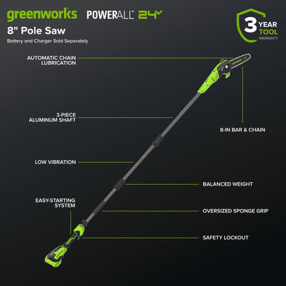 24V 8" Cordless Battery Pole Saw (Tool Only)