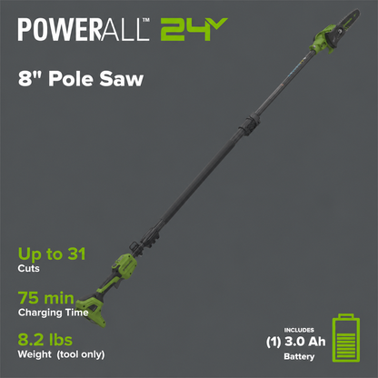 24V Brushless 8" Telescoping Pole Saw & 20" Pole Hedge Combo Kit: (1) 3.0 Ah Type-C Battery & 65W Charger with 3.3-Ft. Cable