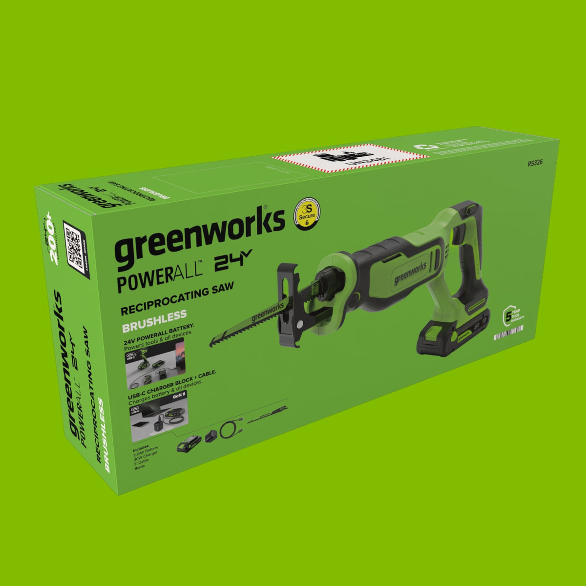 24V PowerAll 1-1/4" Reciprocating Saw with Blade, 2.0 Ah USB-C Battery and 30W USB-C Fast Charger,3,200 SPM