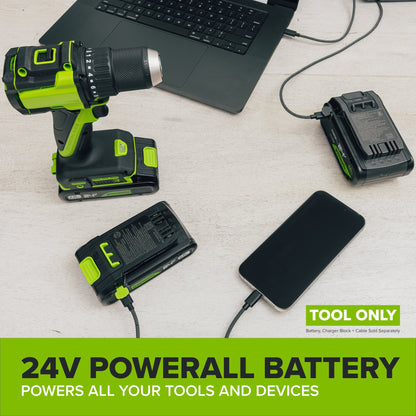 24V PowerAll Compact Router, Tool Only, with Edge Guide, Flush Trim Bit, Socket and Collet Wrenches, Bit Holder and Vacuum Dust Adaptor