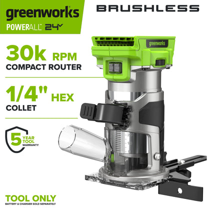 24V PowerAll Compact Router, Tool Only, with Edge Guide, Flush Trim Bit, Socket and Collet Wrenches, Bit Holder and Vacuum Dust Adaptor