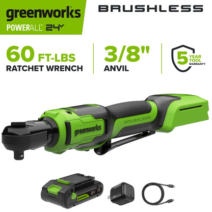 24V PowerAll 60 ft-lb 3/8" Ratchet Wrench, with 2.0 Ah Battery, 30W Charger, and 3' Cable