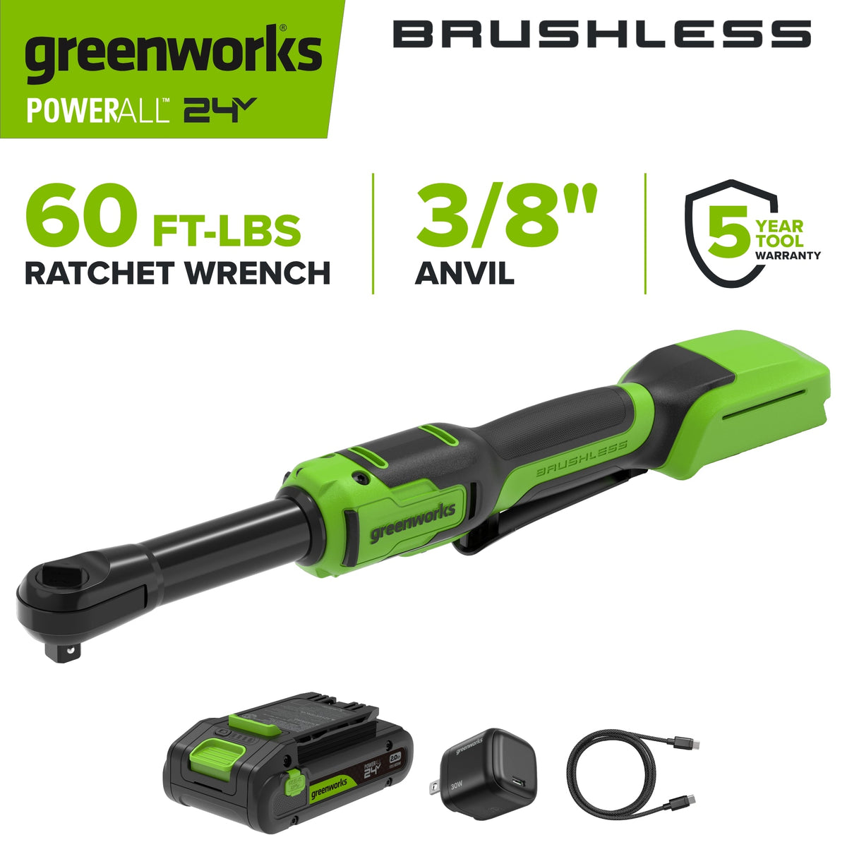 24V PowerAll 60 ft-lb 3/8" Extended Reach Ratchet Wrench, with 2.0 Ah Battery, 30W Charger, and 3' Cable