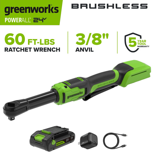 24V PowerAll 60 ft-lb 3/8" Extended Reach Ratchet Wrench, with 2.0 Ah Battery, 30W Charger, and 3' Cable