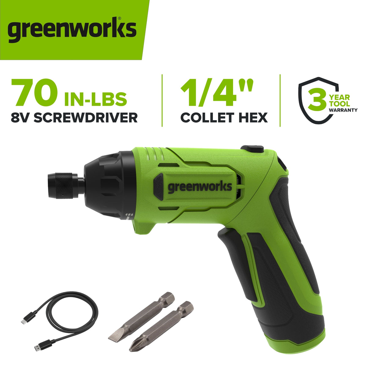 8V Dual-Position Screwdriver, 70 in-lb Torque, 5+1 [Drill] Clutch Settings, with Phillips and Slotted Bits and USB-C Charging Cable